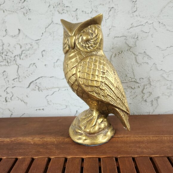 Vintage Solid Brass Owl Sculpture — 9.25" Tall — Hefty Statement Decor - Picture 4 of 7
